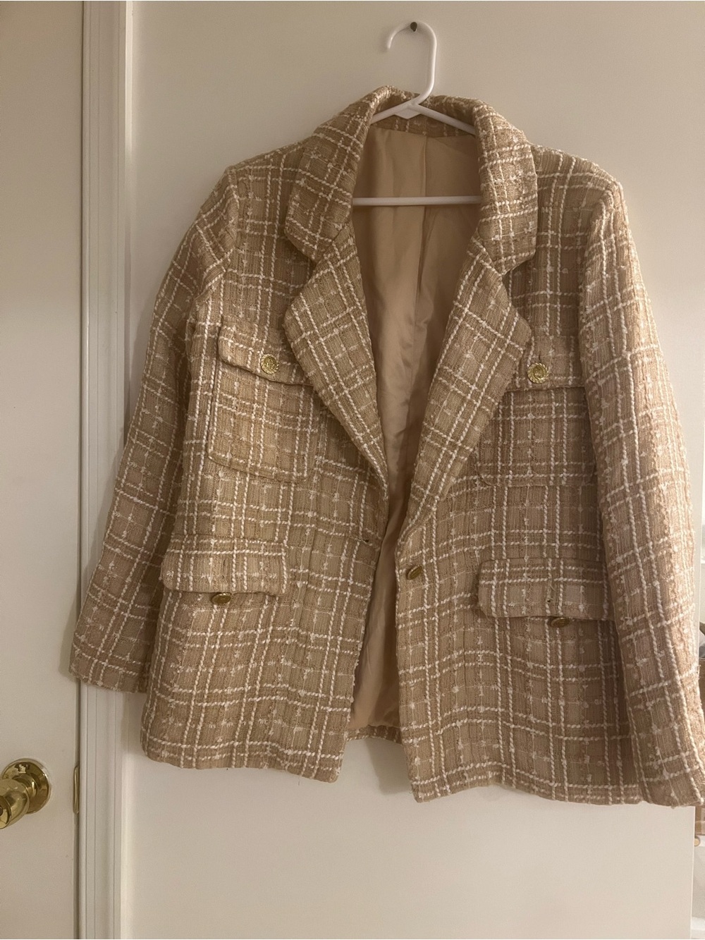 Beige Plaid Tweed Jacket - Women